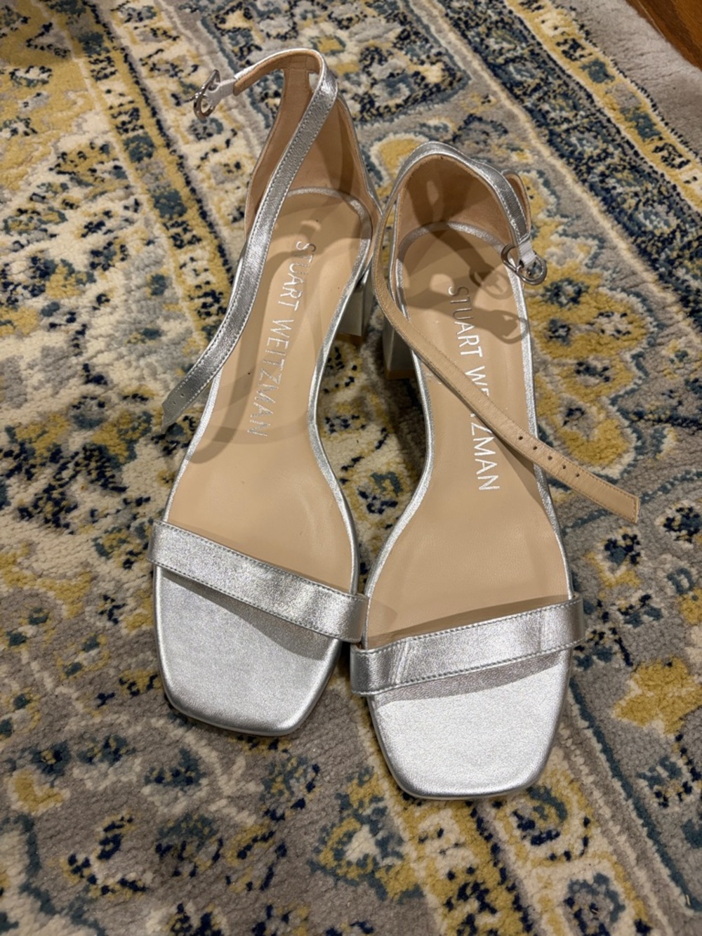 Stuart Weitzman Metallic Silver Ankle-Strap Block Heels